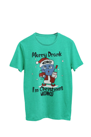 Unisex T-shirt featuring the text 'Merry Drunk I'm Christmas Woohoo,' designed by WooHoo Apparel. The design includes Woohooberry dressed in an elf outfit, holding a wine bottle and wine glass